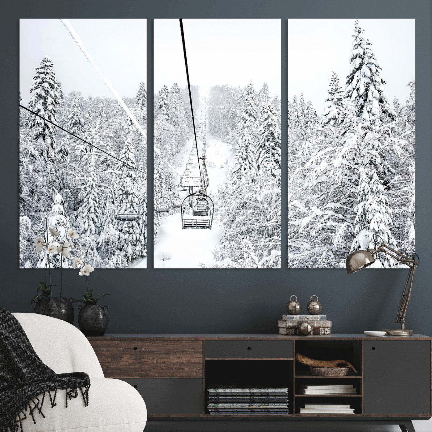 MGV-CV-48X32-3P - Snowy Mountains Wall Art Canvas Print, Framed Ski Lift Art Picture Print, Winter Forest Perfect