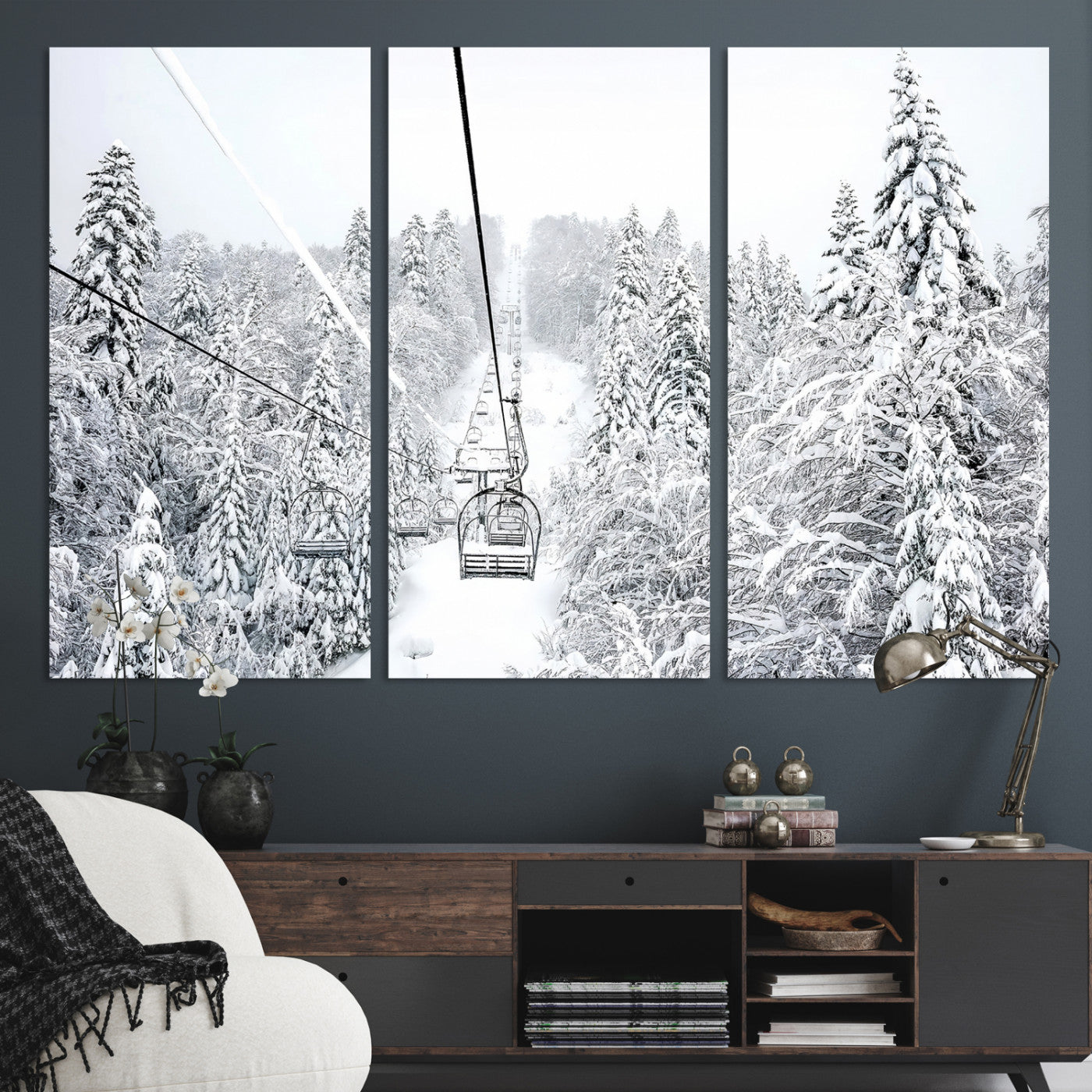 Snowy Mountains Wall Art Canvas Print, Framed Ski Lift Art Picture Print, Winter Forest Perfect Winter Minimalist Decor, Ski Lift Canvas