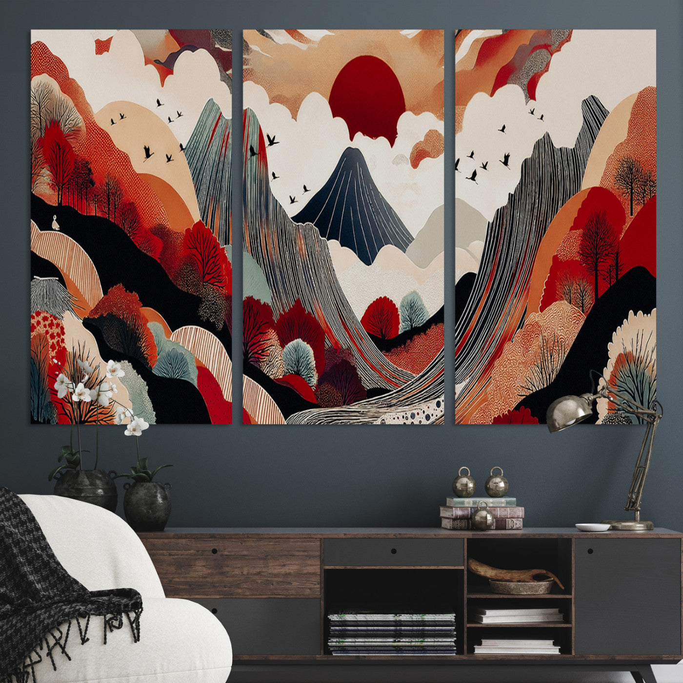 Abstract Mountain Wall Art Canvas Print, Framed Vibrant Landscape Art Picture Print, Stylized Nature Drawing Perfect Contemporary Minimalist