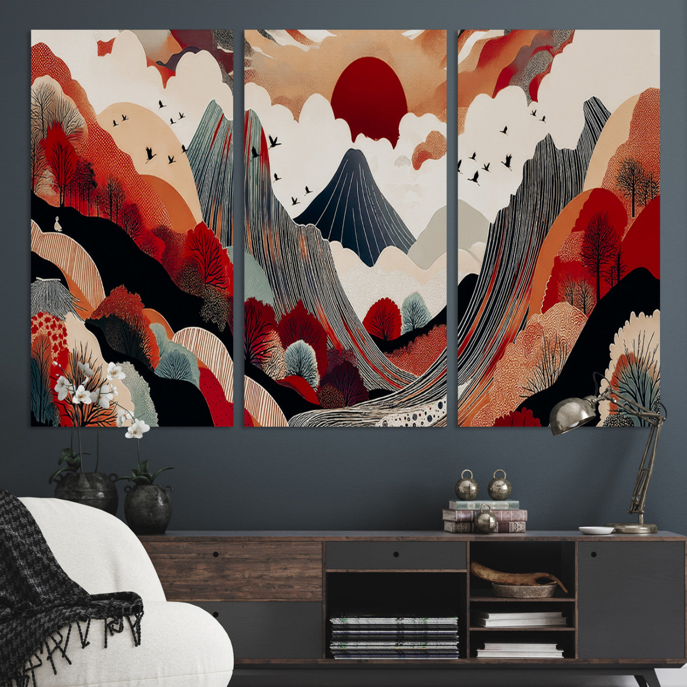 Abstract nature illustration with a red sun, mountains, and vibrant landscapes in graphic style, perfect for contemporary minimalist home decor. Ideal for modern spaces.