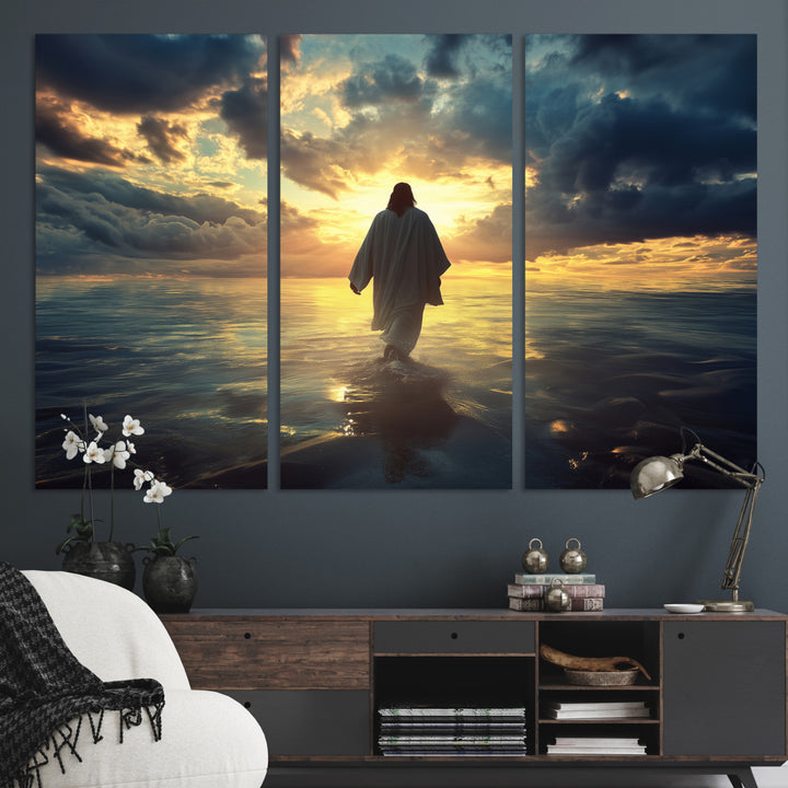 Jesus Walks Wall Art Canvas Print, Framed Divine Sunset Art Picture Print, Spiritual Light Perfect Spiritual Tranquil Decor Artwork