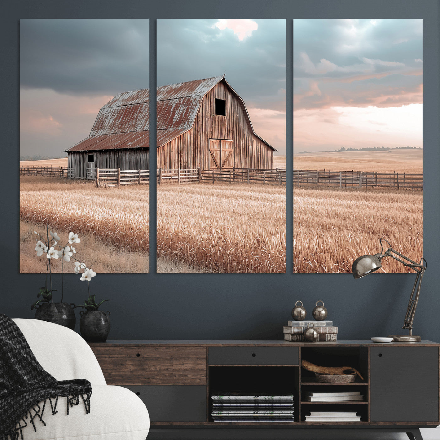 MGV-CV-48X32-3P - Rustic Barn Wall Art Canvas Print, Framed Wheat Field Art Picture Print, Sunset Barn Perfect Vintage Farmhouse Decor Artwork