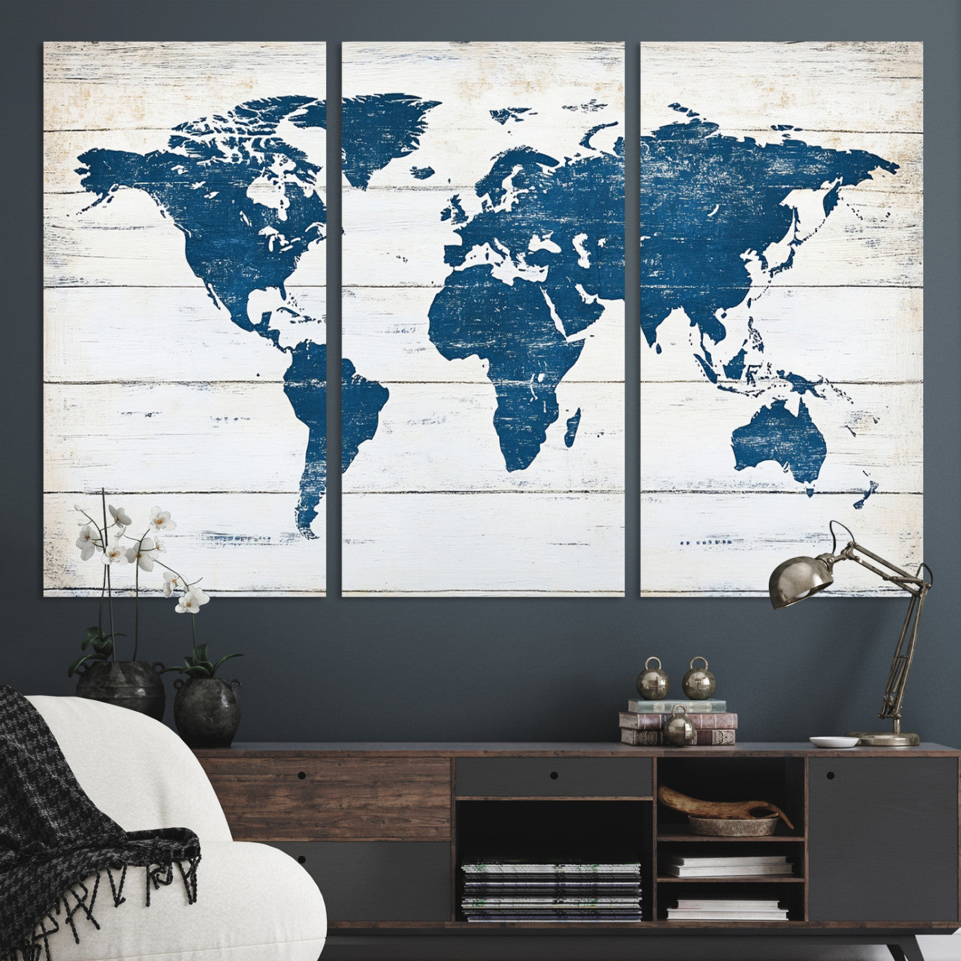 54107201-MGV-CV-36X24-World Map Wall Art Canvas Print, Framed Rustic Atlas Art Picture Print, Wooden Map Perfect Vintage Decor