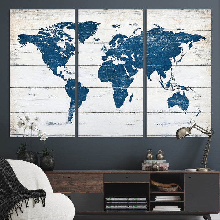 Rustic world map with blue continents on distressed wooden planks, perfect for coastal, explorer, or vintage-style wall decor.