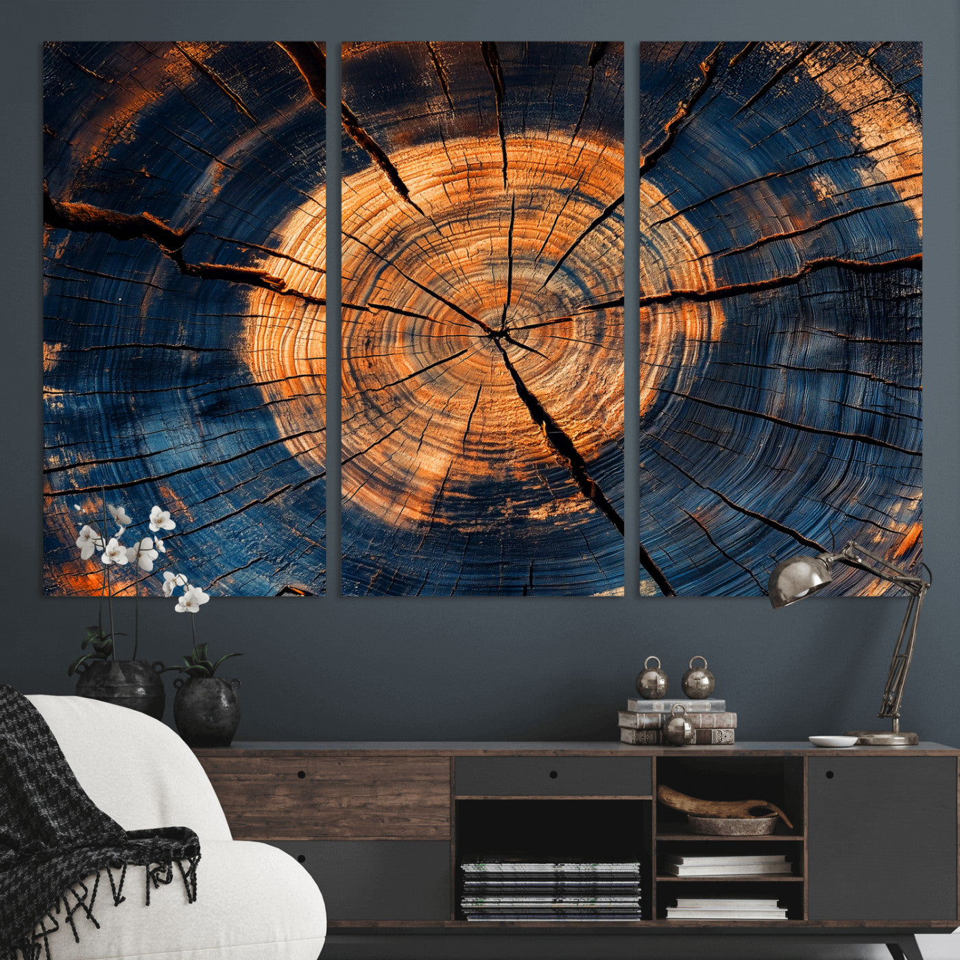 MGV-CV-48X32-3P - Burnt Wood Wall Art Canvas Print, Framed Aged Timber Art Picture Print, Rustic Tree Slice Perfect Rustic Decor Artwork