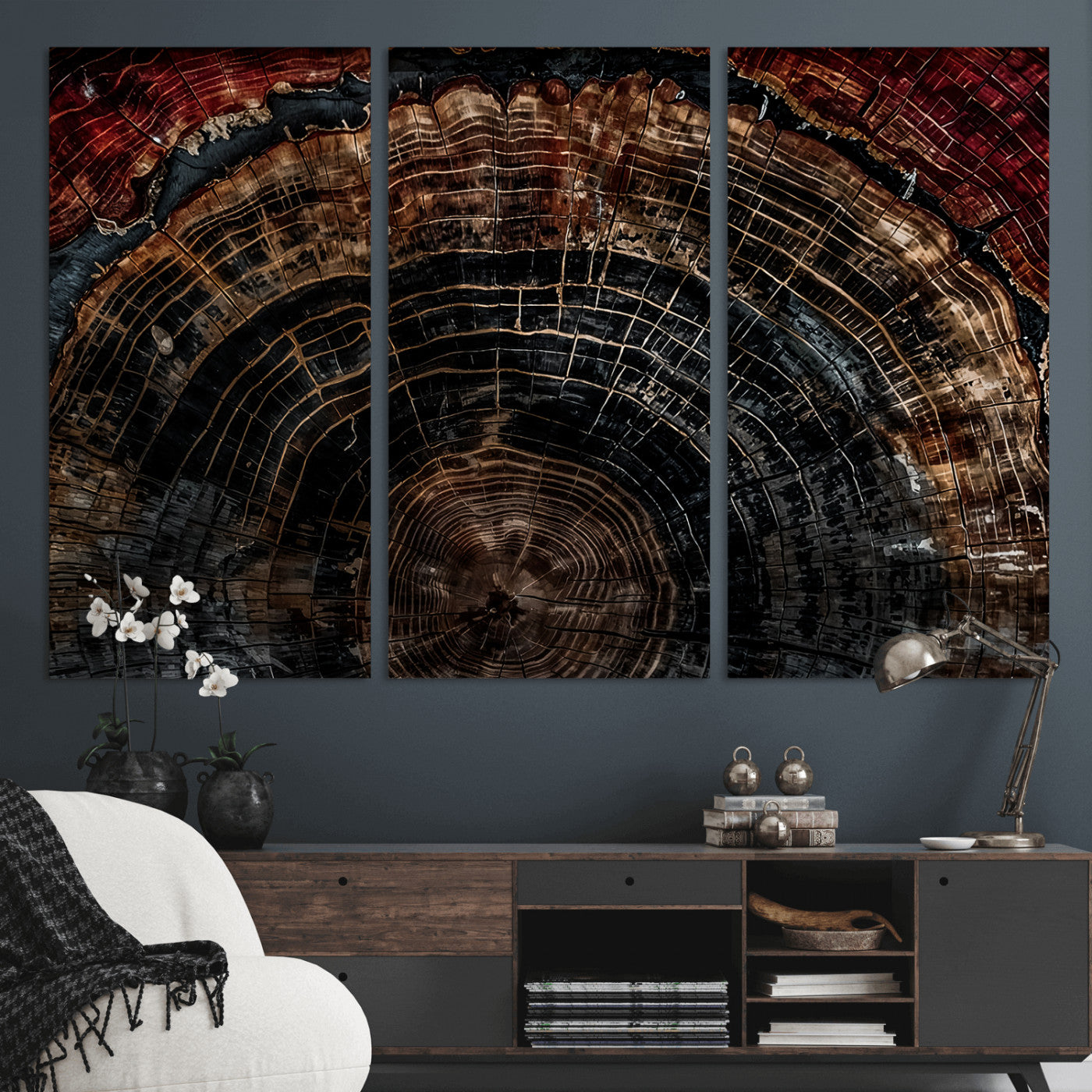 MGV-CV-48X32-3P - Dark Wood Ring Wall Art Canvas Print, Framed Abstract Wood Tree Art Picture Print, Rustic Tree Slice Perfect Rustic Decor Artwork