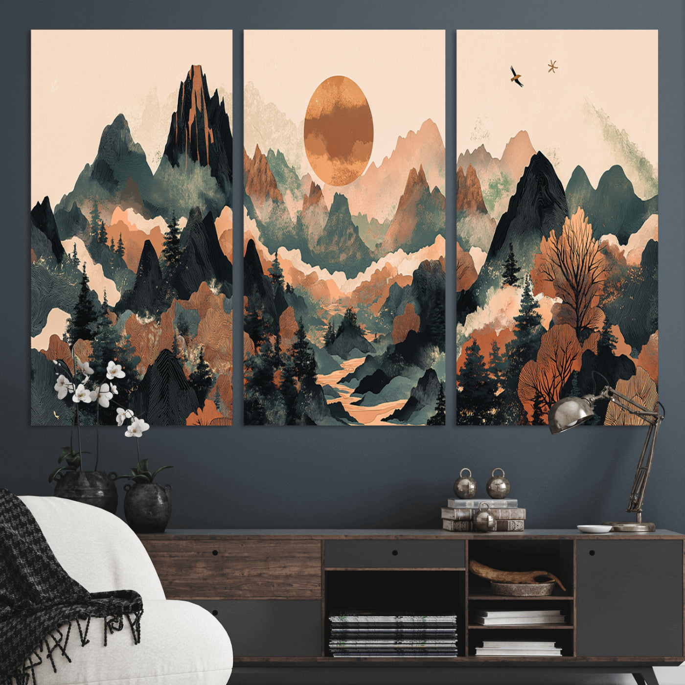 MGV-CV-48X32-3P - Wood Mountain Landscape Wall Art Canvas Print, Framed Sunset Hills Art Picture Print, Abstract Nature Perfect Boho Decor Artwork