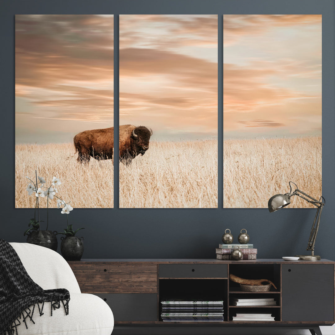 Bison Wall Art Canvas Print, Buffalo Print, Framed Western Prairie Art Print, Large Rustic Wildlife Printing Perfect for Rustic Decor