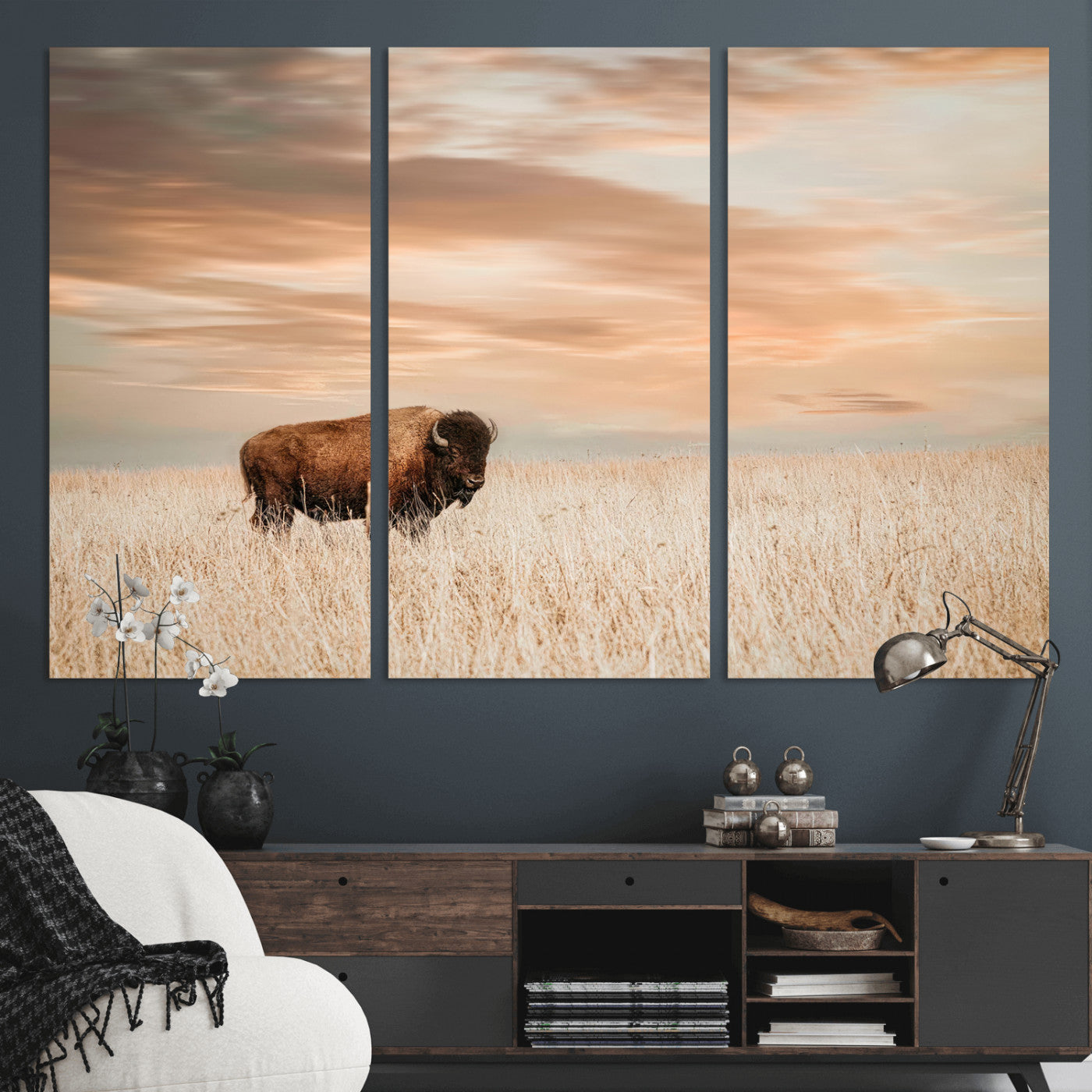 MGV-CV-48X32-3P - Bison Wall Art Canvas Print, Framed Buffalo Art Picture Print, Western Prairie Perfect Rustic Decor Artwork