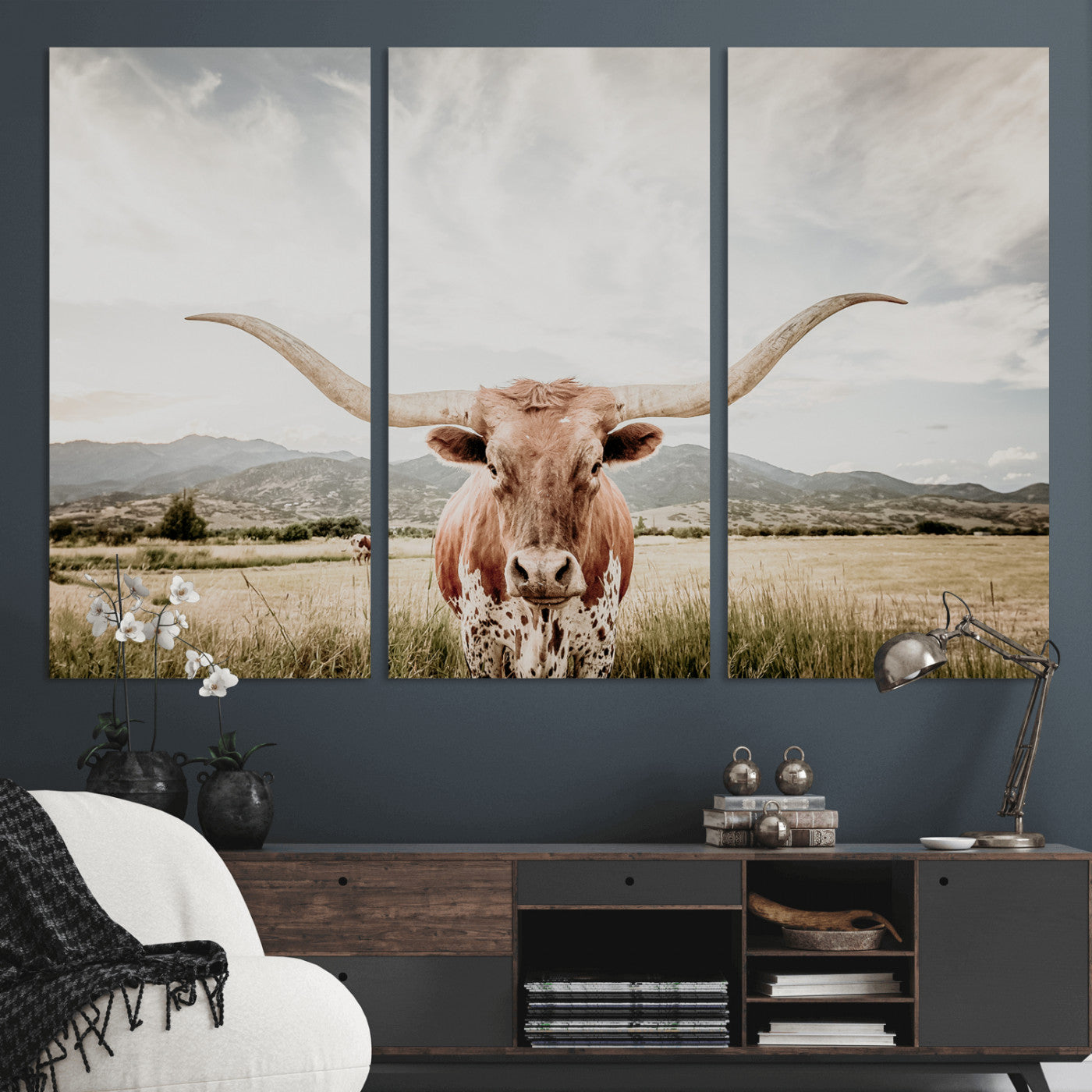 MGV-CV-48X32-3P - Texas Longhorn Wall Art Canvas Print, Framed Western Cow Art Picture Print, Rustic Farmhouse Perfect Farmhouse Decor Artwork
