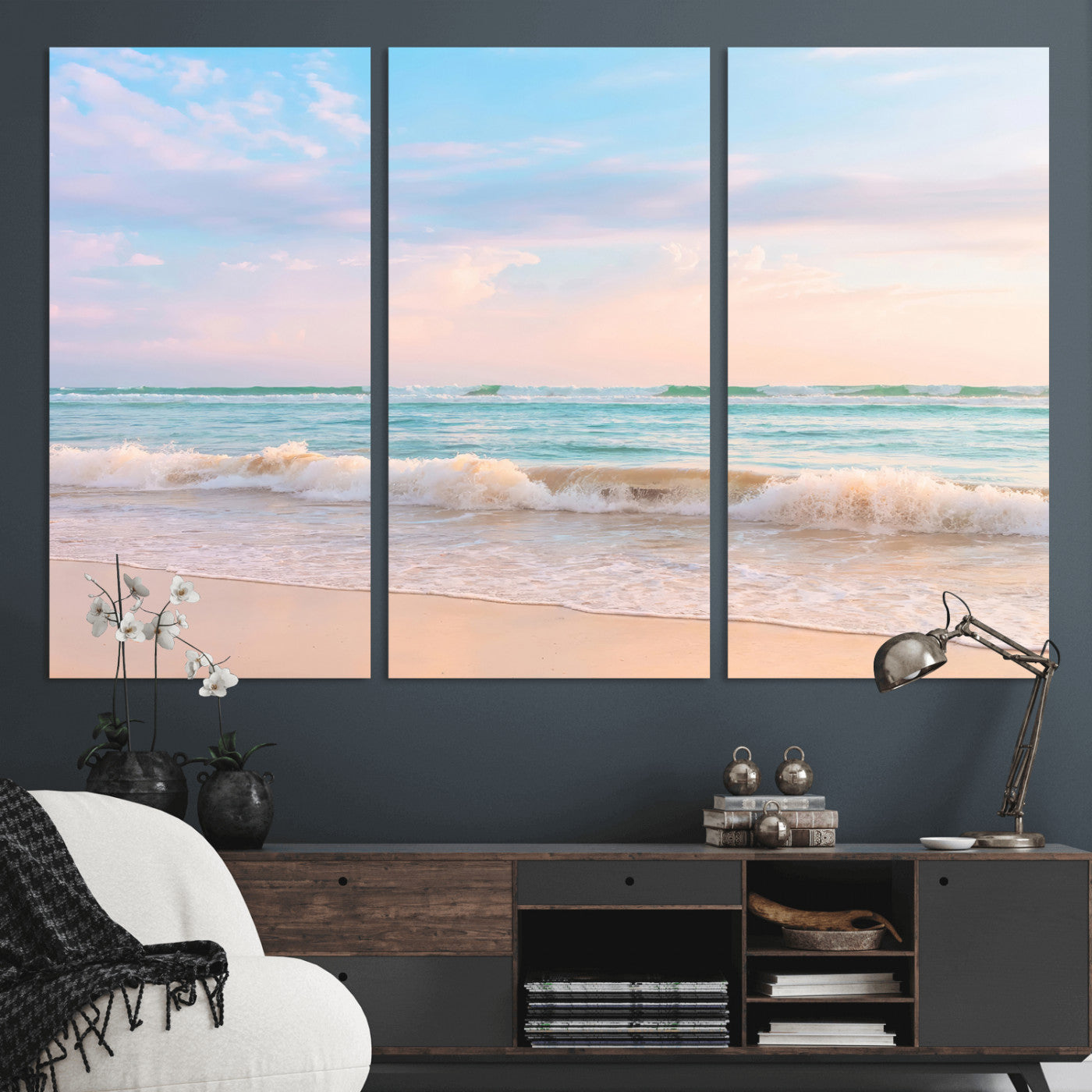 74679437-MGV-CV-36X24 - Serene Waves Wall Art – Golden Shore & Soft Pastel Sky Canvas Print, Gentle Ocean and Peaceful Sunset for Living Room or Office