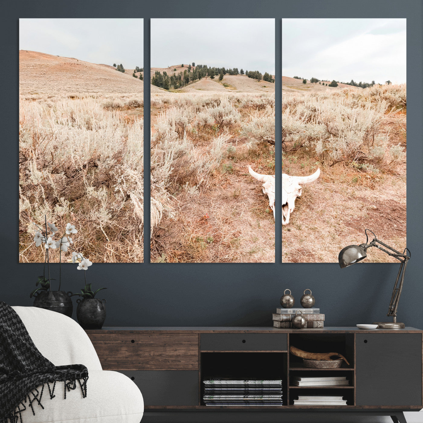 97234735-MGV-CV-36X24 - Desert Skull Wall Art – Arid Landscape & Sagebrush Canvas Print, Rustic Nature and Earth Tones for Living Room or Minimalist Decor