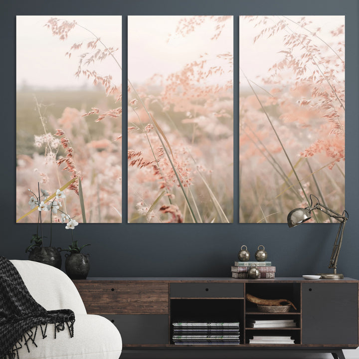 Pastel Grasses Wall Art Canvas Print, Soft Meadow Print, Framed Field in Breeze Art Print, Large Pink Meadow Printing Soft Pastel