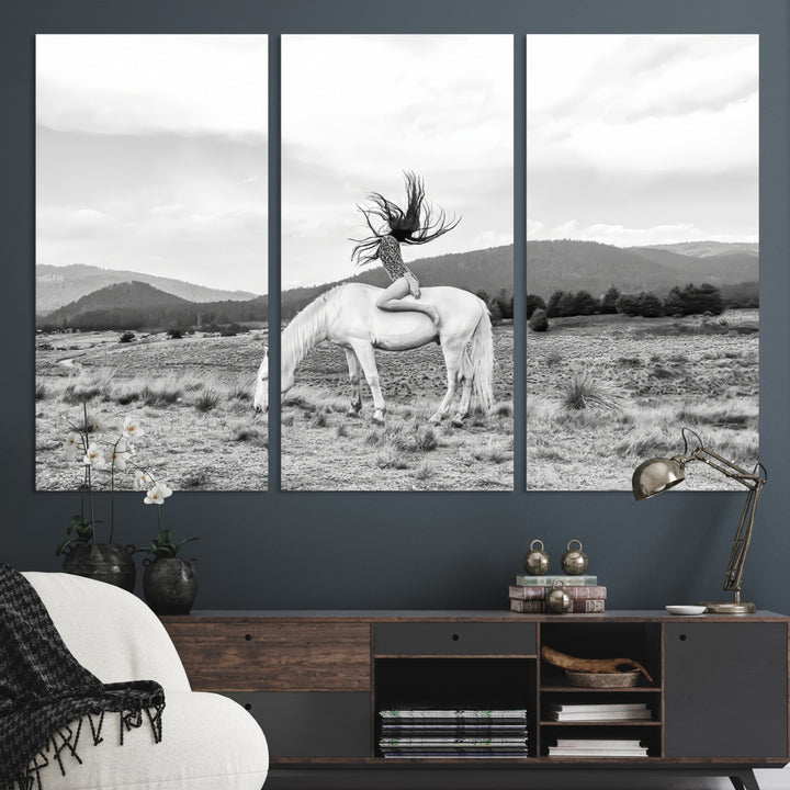 White Horse Wall Art Canvas Print, Woman Rider Print, Framed Equestrian Pose Art Print, Large Grazing Horse Printing Western Boho