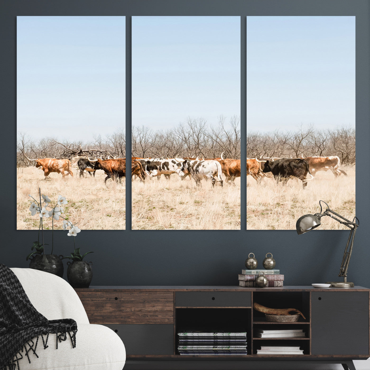 16563092-MGV-CV-36X24-Texas Longhorns Wall Art Canvas Print, Western Cattles Print Wall Art, Framed Rustic Herd Art Print, Large Country Cows Printing Rustic