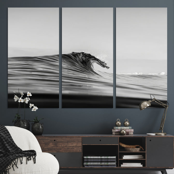 Black Wave Wall Art Canvas Print, Abstract Surf Print, Framed Minimalist Ocean Art Print, Large Black Water Printing Minimalist