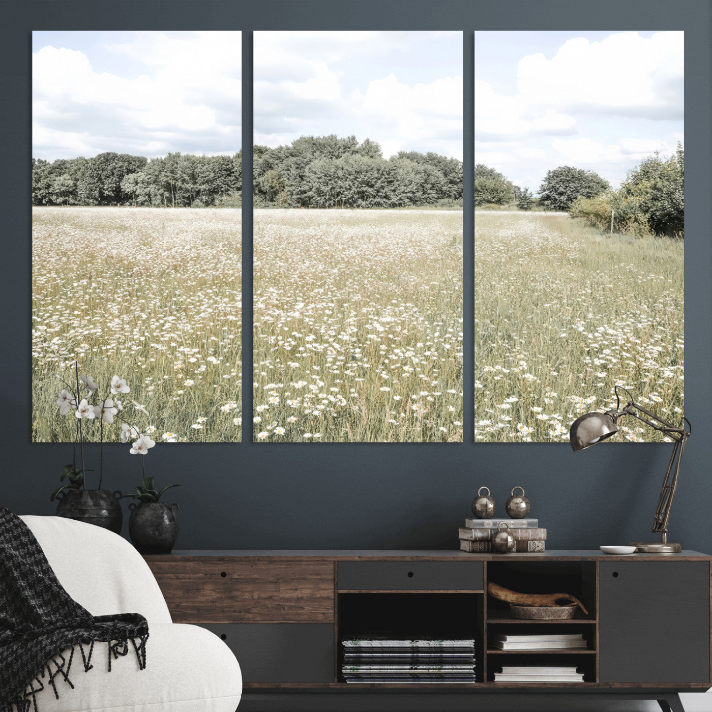 MGV-CV-48X32-3P - Charming Daisy Field Wall Art Canvas Print, Framed Pastel Flower Art Picture Print, Meadow Bloom Perfect Scandinavian Minimalist Decor Artwork