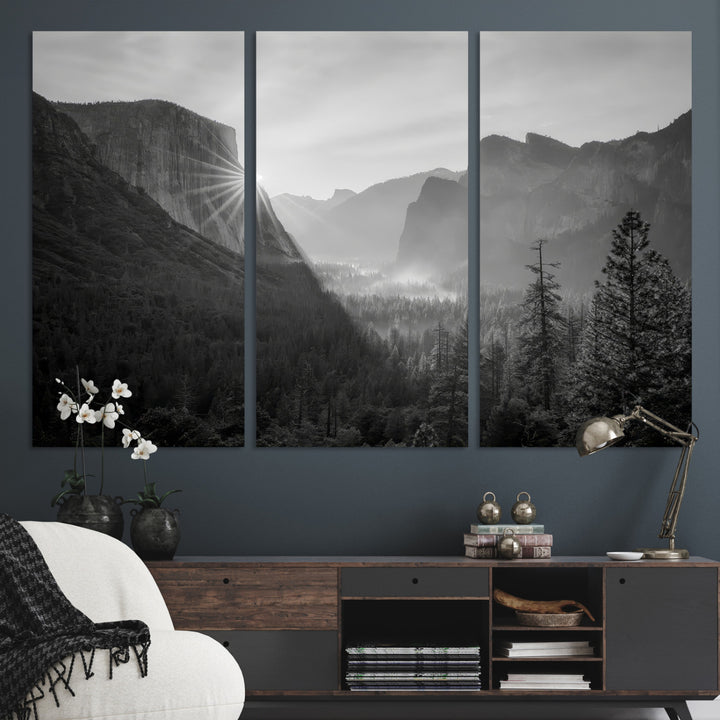 Yosemite Valley Wall Art Canvas Print, El Capitan Sunrise Print, Framed Misty Mountain Art Print, Large Monochrome Valley Printing