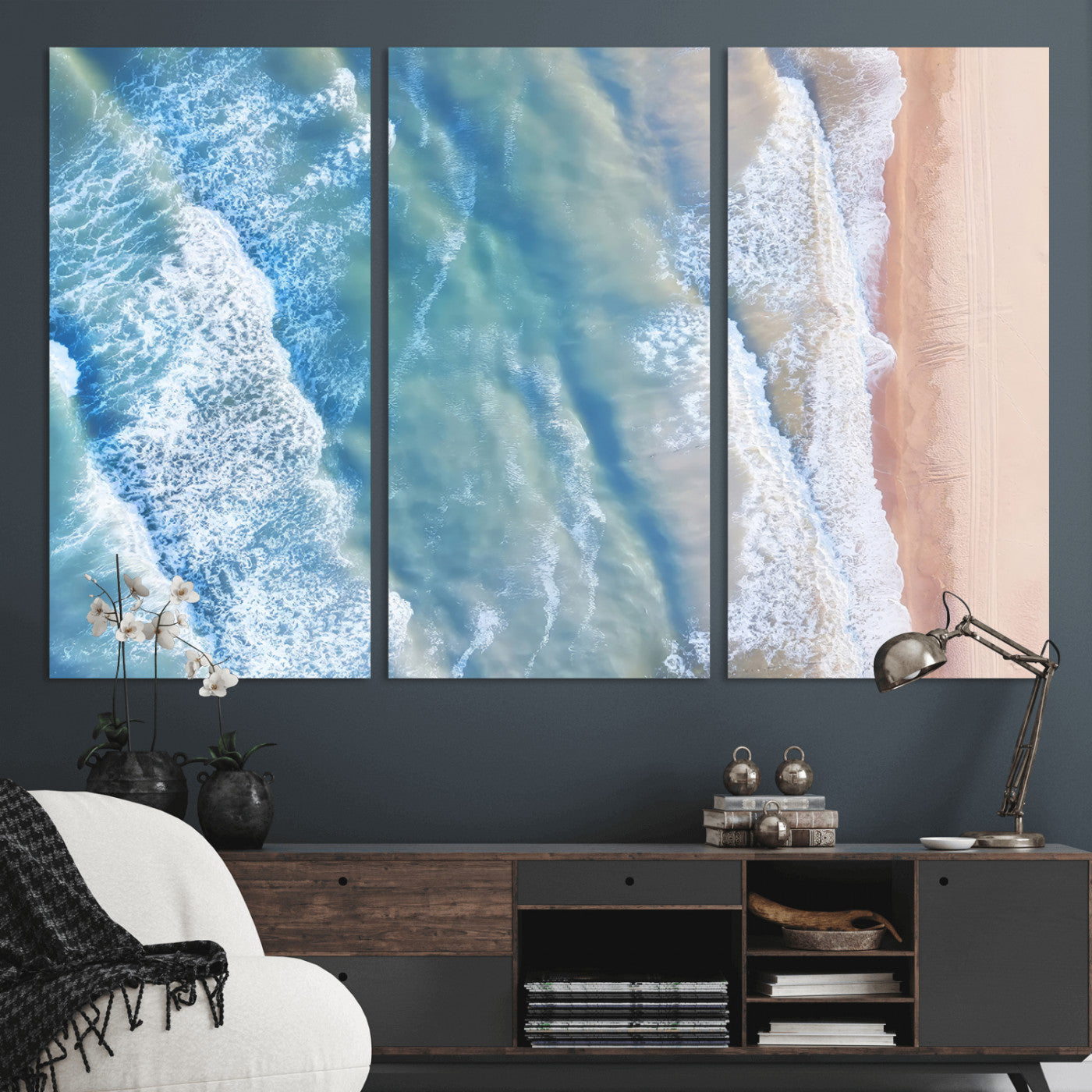 MGV-CV-48X32-3P - Aerial Ocean View Wall Art Canvas Print, Framed Soft Blue Waves Art Picture Print, Sandy Shoreline Perfect Modern Coastal Decor Artwork