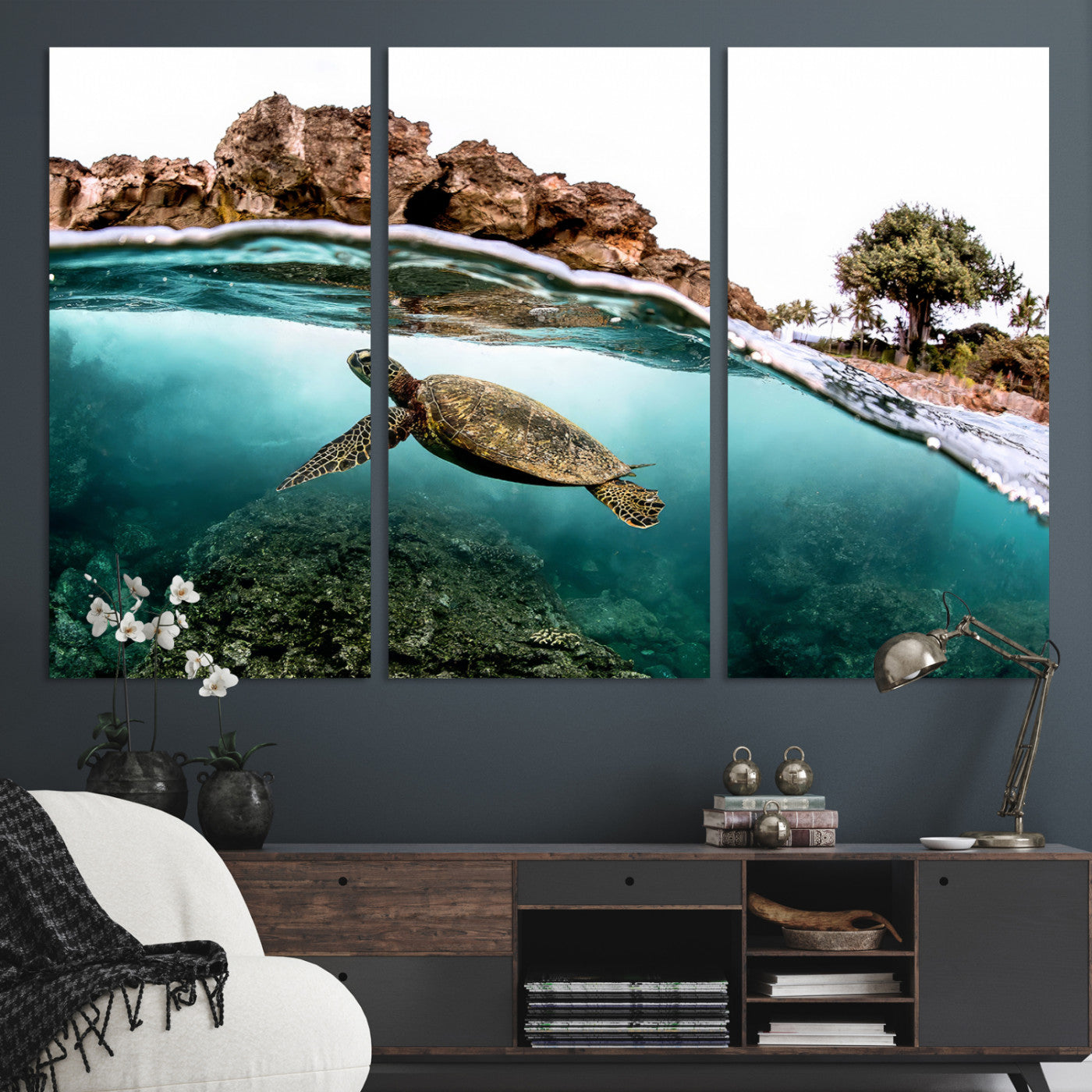 44200301-MGV-CV-36X24-Sea Turtle Wall Art Canvas Print, Framed Ocean Life Art Picture Print, Tropical Perfect Coastal Decor