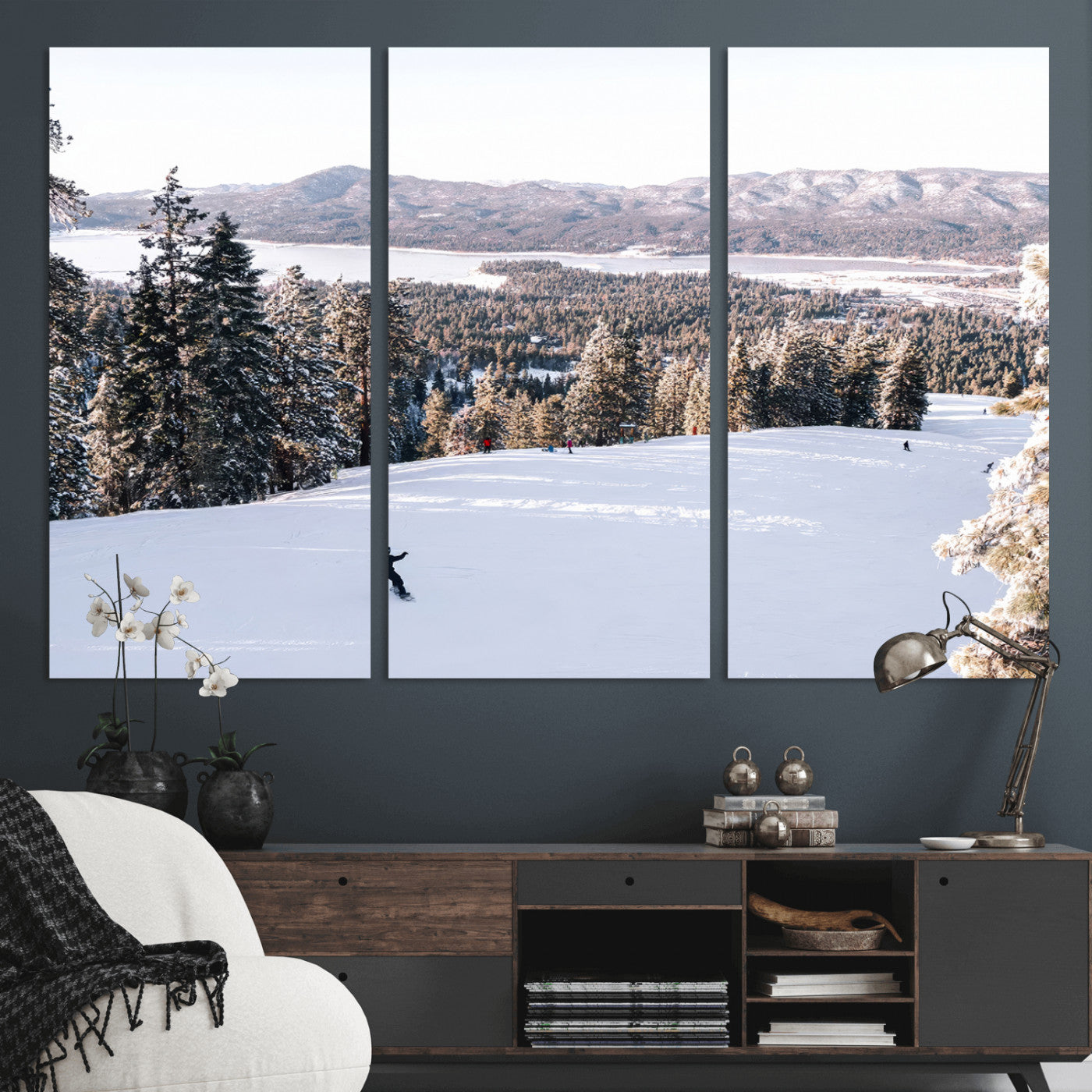 79857868-MGV-CV-36X24 - Snowboarder Wall Art – Winter Slope Canvas Print, Pine Forest, Snow-Covered Mountains, Outdoor Adventure for Living Room or Cabin Decor