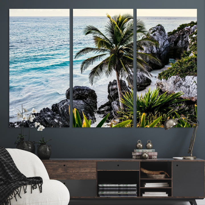 Framed canvas of a vibrant tropical coastline with palm trees, rocky cliffs, and turquoise waters, ideal for tropical coastal home decor.