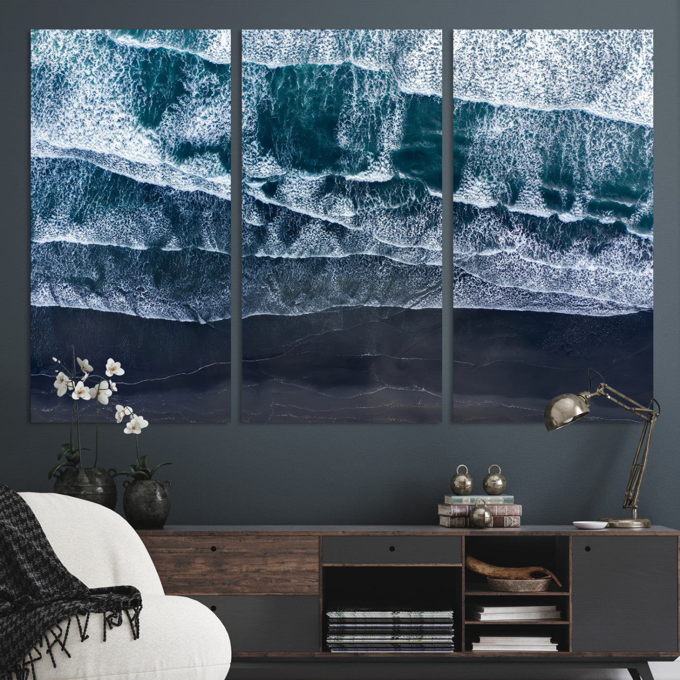 87941475-MGV-CV-36X24-Black Beach Wall Art Canvas Print, Framed Aerial Ocean Art Picture Print, Moody Coastal Perfect Coastal Decor, Aerial Ocean Wall Art Canvas