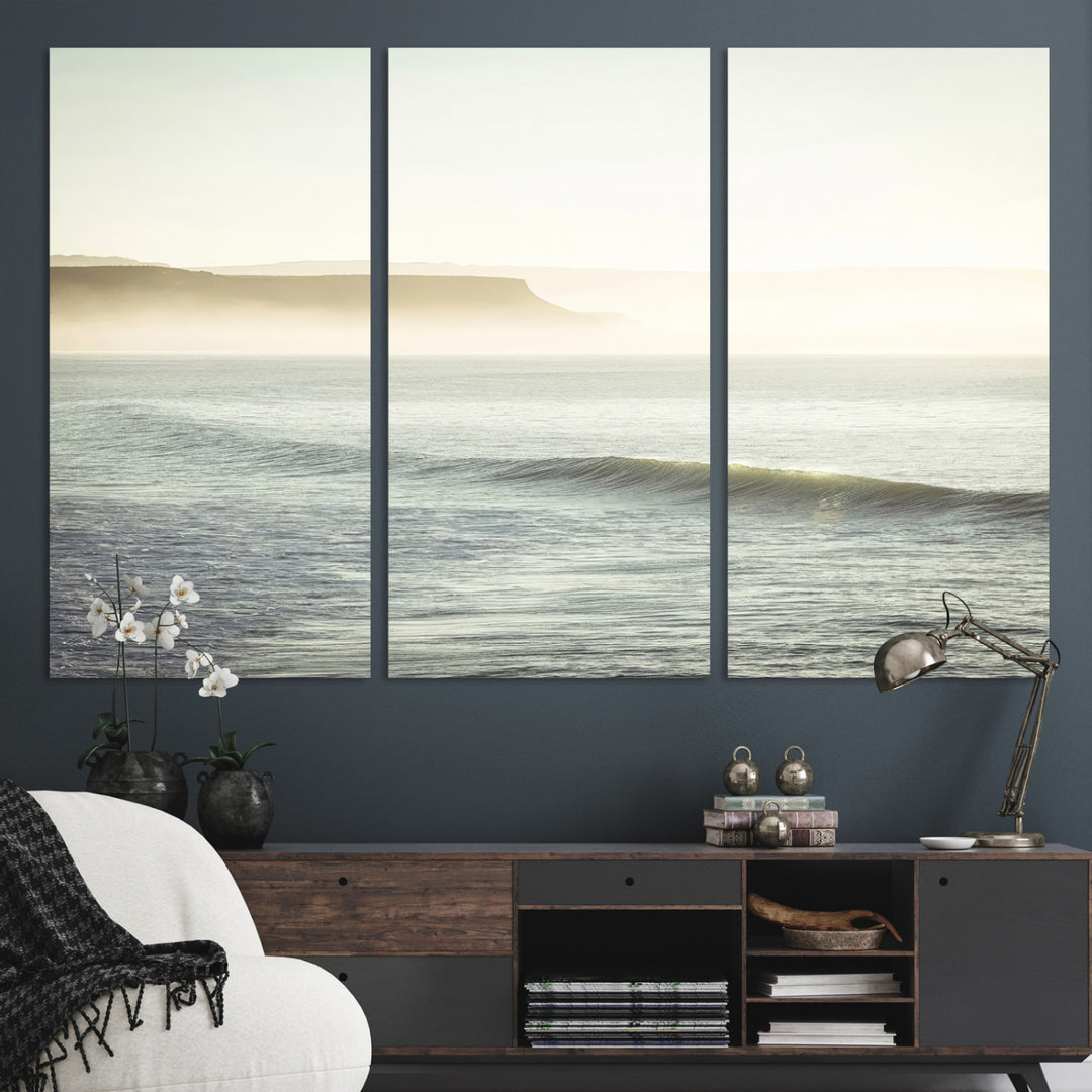 Canvas of a misty ocean scene with coastal cliffs and soft neutral tones, ideal for Scandinavian coastal or minimalist nature-inspired home decor.