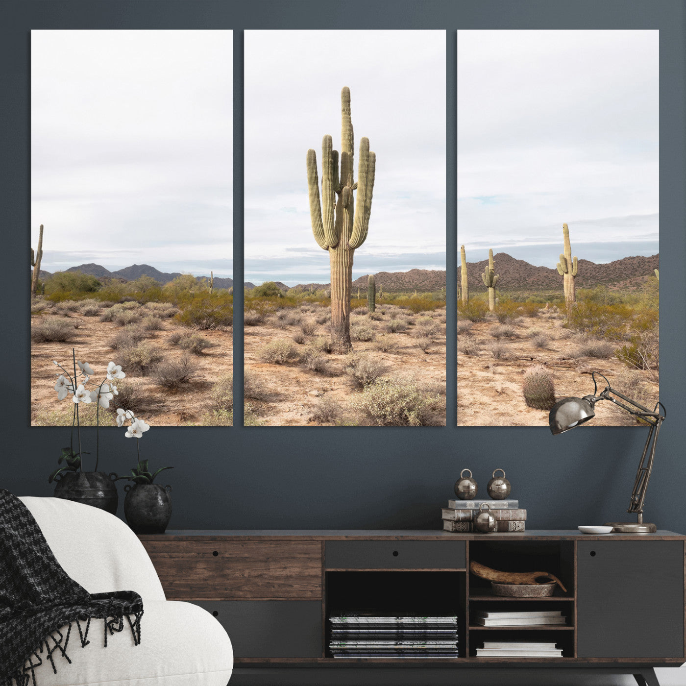 MGV-CV-48X32-3P - Saguaro Cactus Wall Art Canvas Print, Framed Desert Cactus Art Picture Print, Earthy Desert Perfect Southwestern Boho Decor Artwork