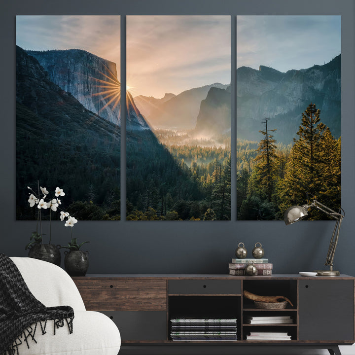 Canvas of Yosemite Valley at sunrise with dramatic rays and earthy tones, perfect for vintage explorer or wilderness-themed home decor.