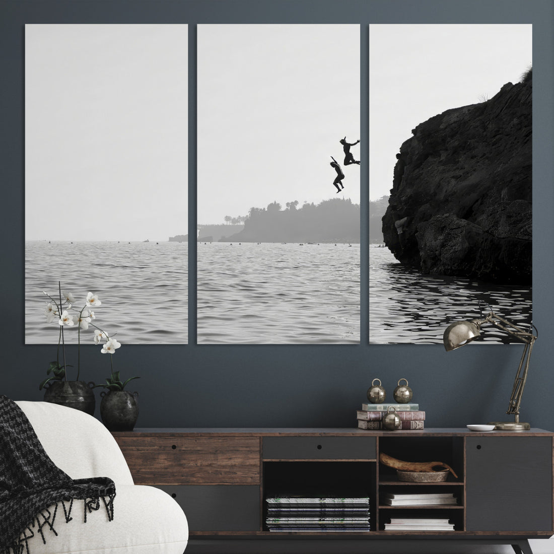 Jumping Wall Art Canvas Print, Framed Coastal Ocean Cliff Diving Scene