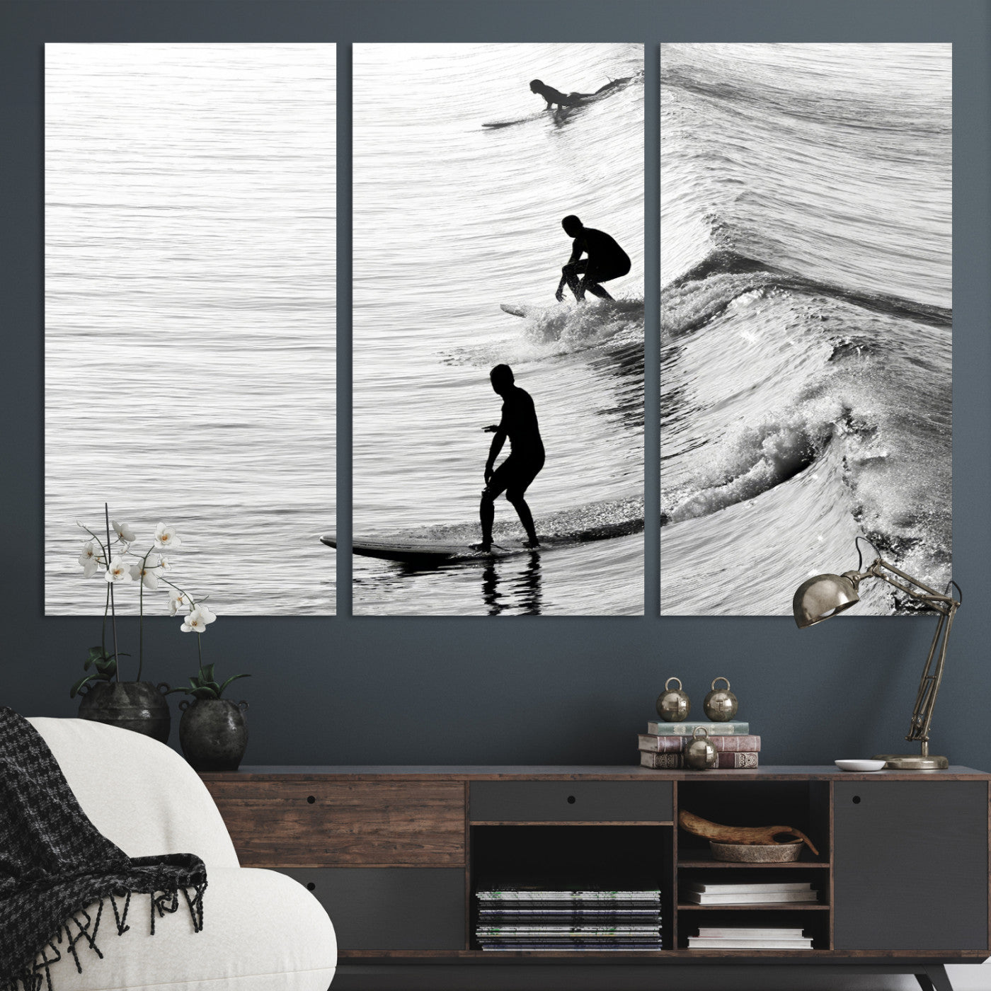 19875284-MGV-CV-36X24-Surfers on Waves Wall Art Canvas Print, Framed Black White Surf Art Picture Print, Monochrome Ocean Perfect Modern Coastal Decor, Surfers on