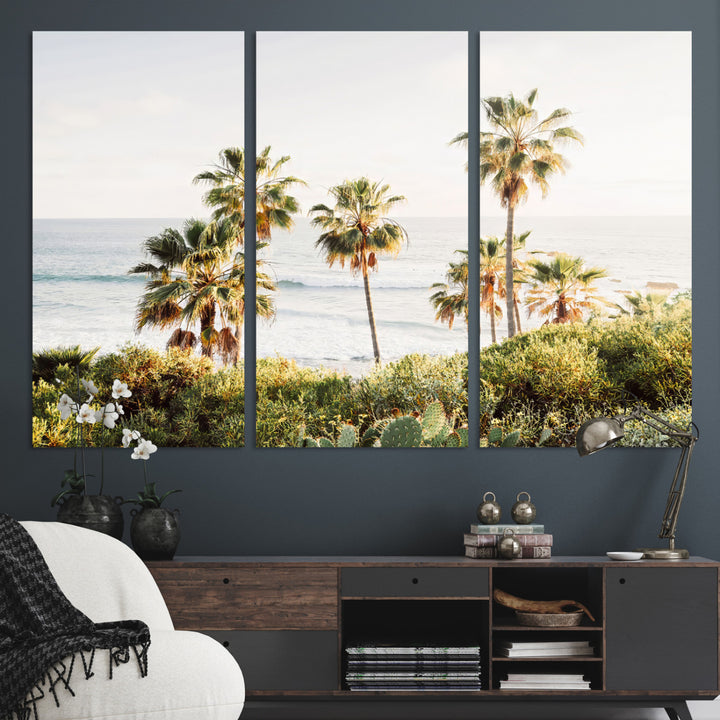 Framed print of sunlit palm trees on the California coast with warm tones, perfect for coastal minimalist or beach-style home decor.