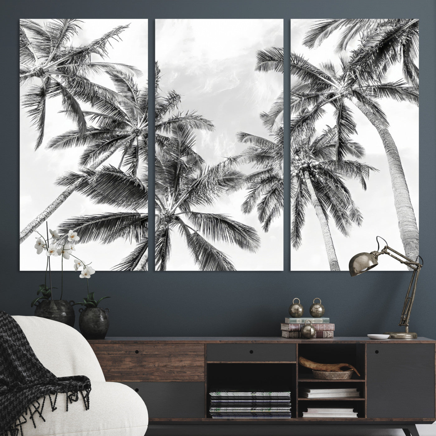 Framed Black White Palm Canvas Print, Framed Monochrome Tropics Art Picture Print, Minimalist Beach Perfect Coastal Minimalist Decor