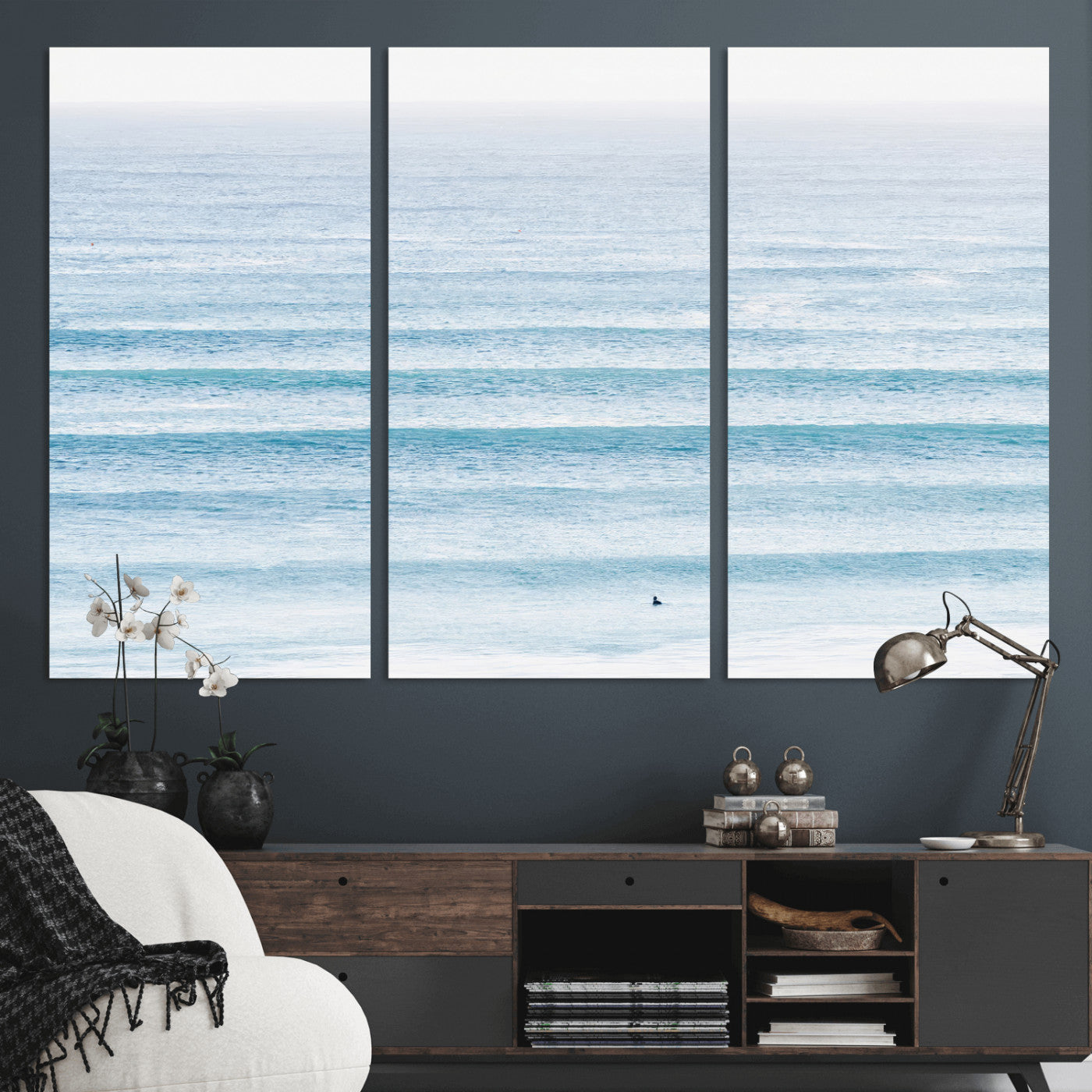 77145995-MGV-CV-36X24-Ocean Wave Surfer Wall Art – Framed Minimal Seascape Canvas Artwork, Calm Blue Water Design, Coastal Decor for Home, Office