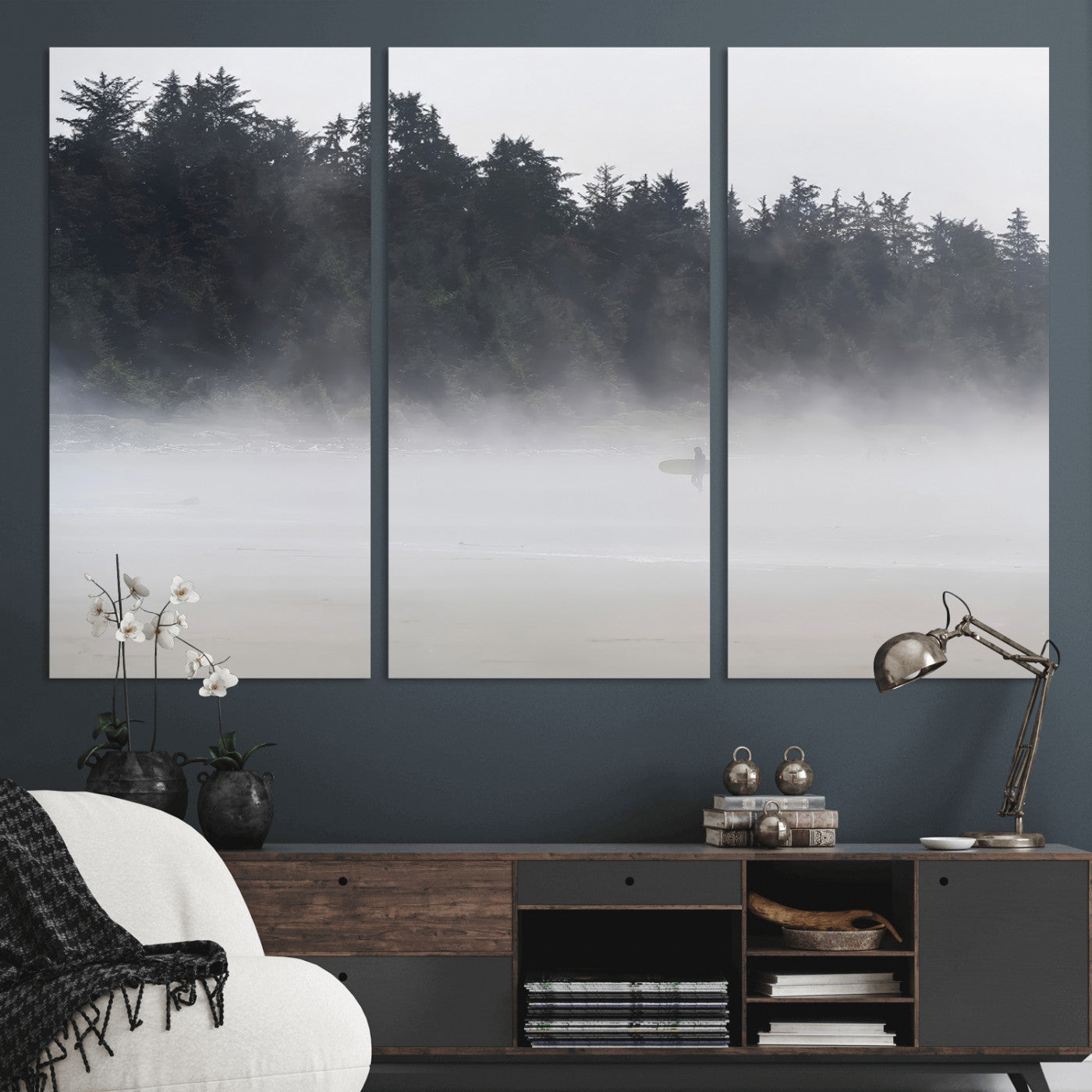 59703275-MGV-CV-36X24-Surfer Fog Wall Art Canvas Print – Framed Foggy Beach Scene with Coastal Surf Artwork for Home, Office, Living Room