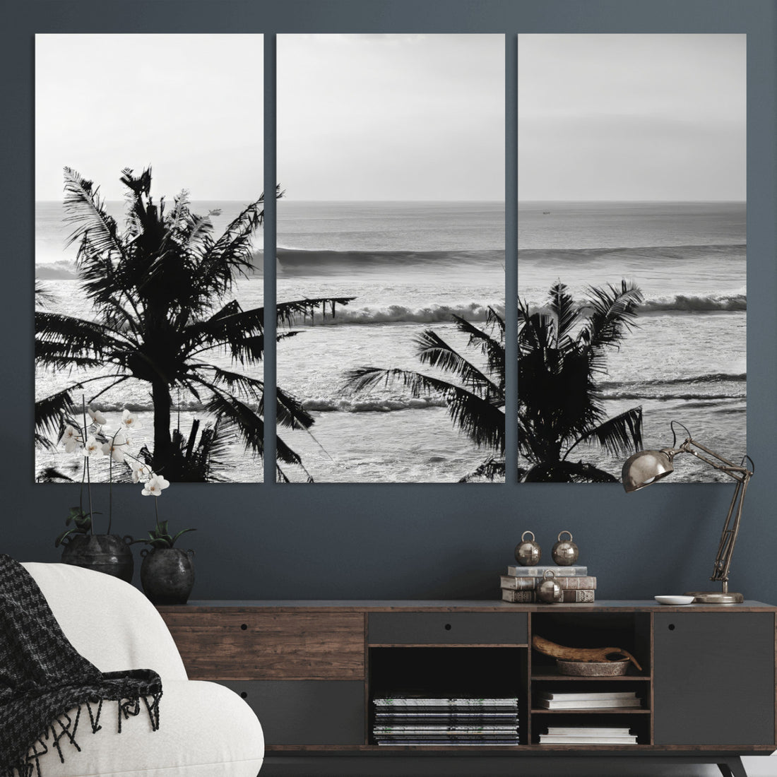 Tropical Coastline Wall Art Canvas Print, Framed Palm Trees and Ocean Waves