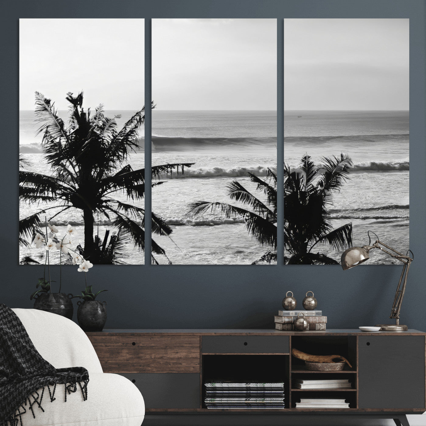 17508038-MGV-CV-48X32-3P-Tropical Coastline Wall Art Canvas Print – Framed Palm Trees Scene with Ocean Waves Artwork for Home, Office