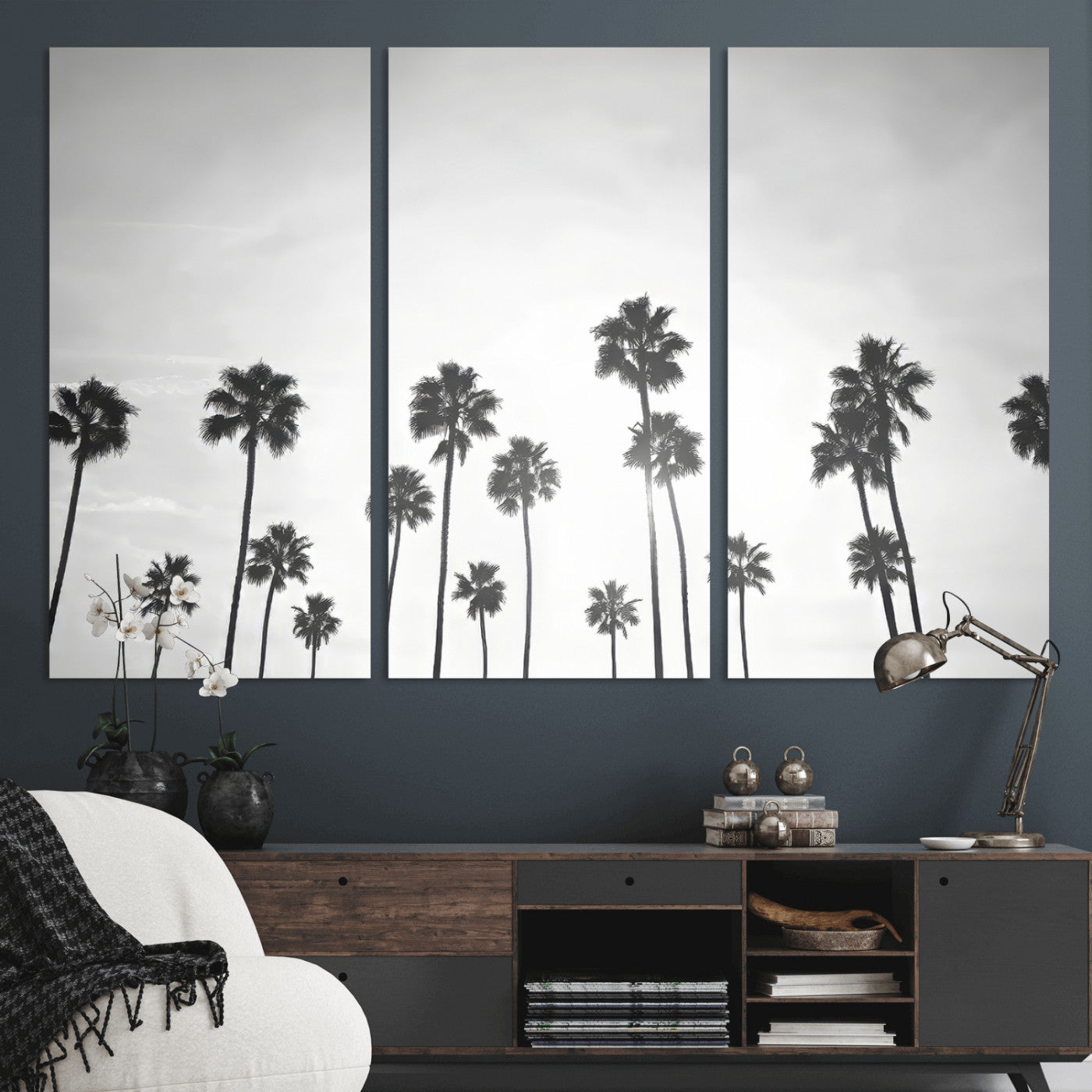 62298277-MGV-CV-48X32-3P-Monochrome Palms Wall Art Canvas Print – Framed Minimalist Silhouetted Trees Artwork for Home, Office, Living Room