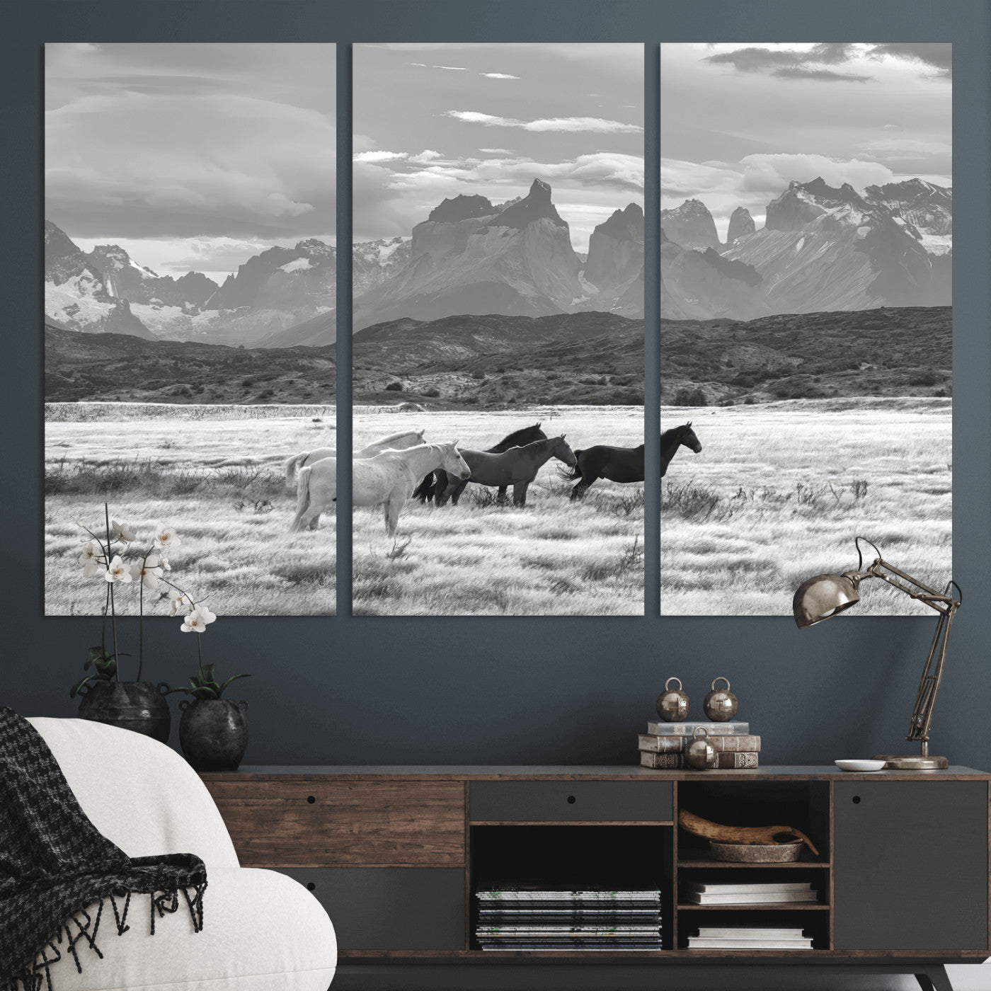 MGV-CV-48X32-3P - Wild Horses Wall Art Canvas Print, Framed Black White Mountains Art Picture Print, Rustic Countryside Perfect Rustic Western Decor Artwork