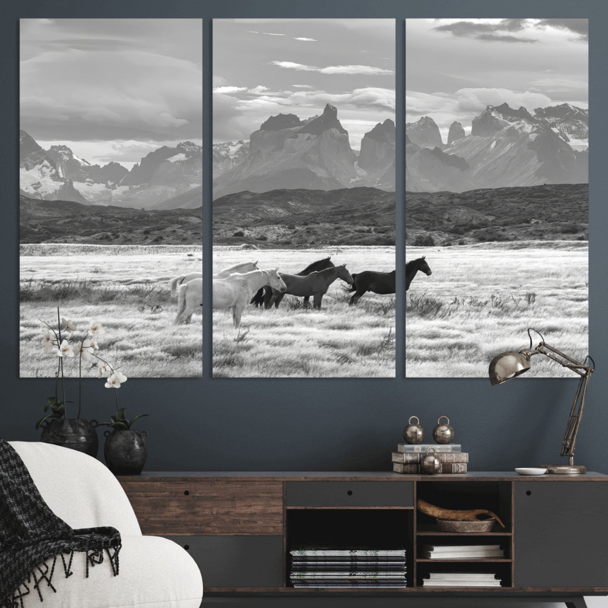 MGV-CV-48X32-3P - Wild Horses Wall Art Canvas Print, Framed Black White Mountains Art Picture Print, Rustic Countryside Perfect Rustic Western Decor Artwork