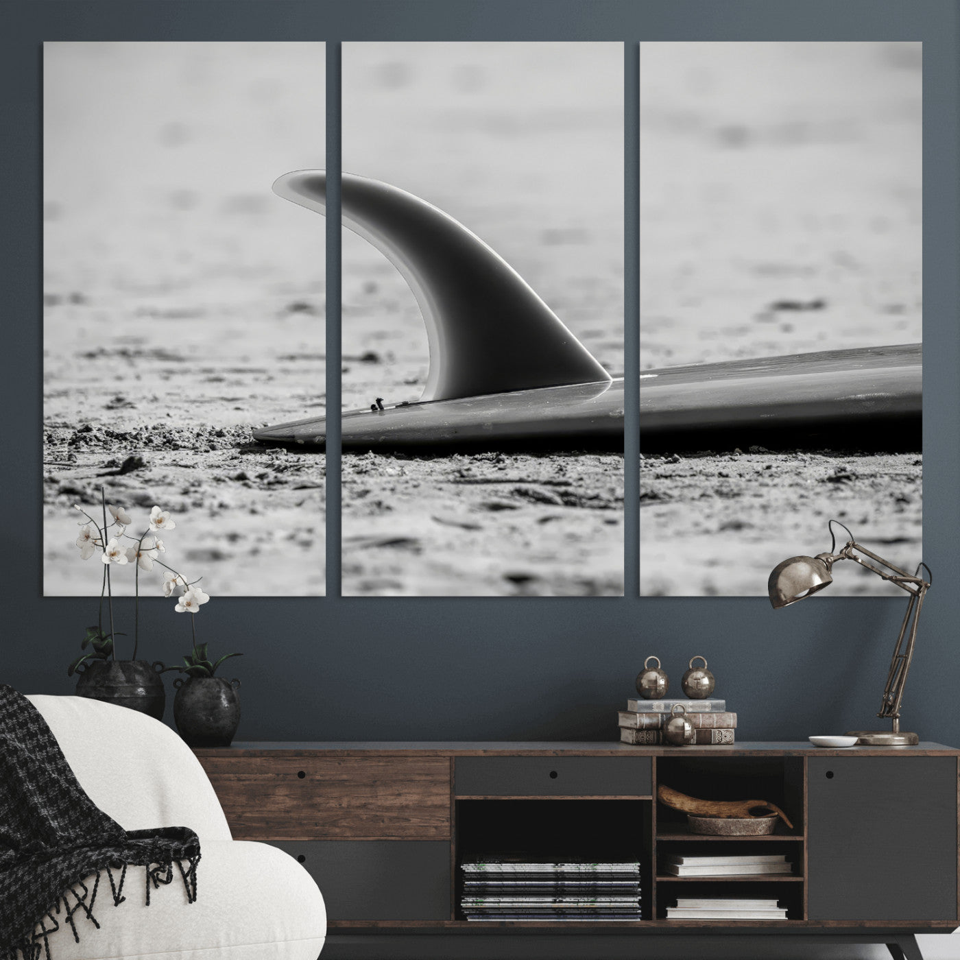 MGV-CV-48X32-3P - Black White Surfboard Wall Art Canvas Print, Framed Minimalist Beach Art Picture Print, Surf Fin Perfect Minimalist Coastal Decor Artwork