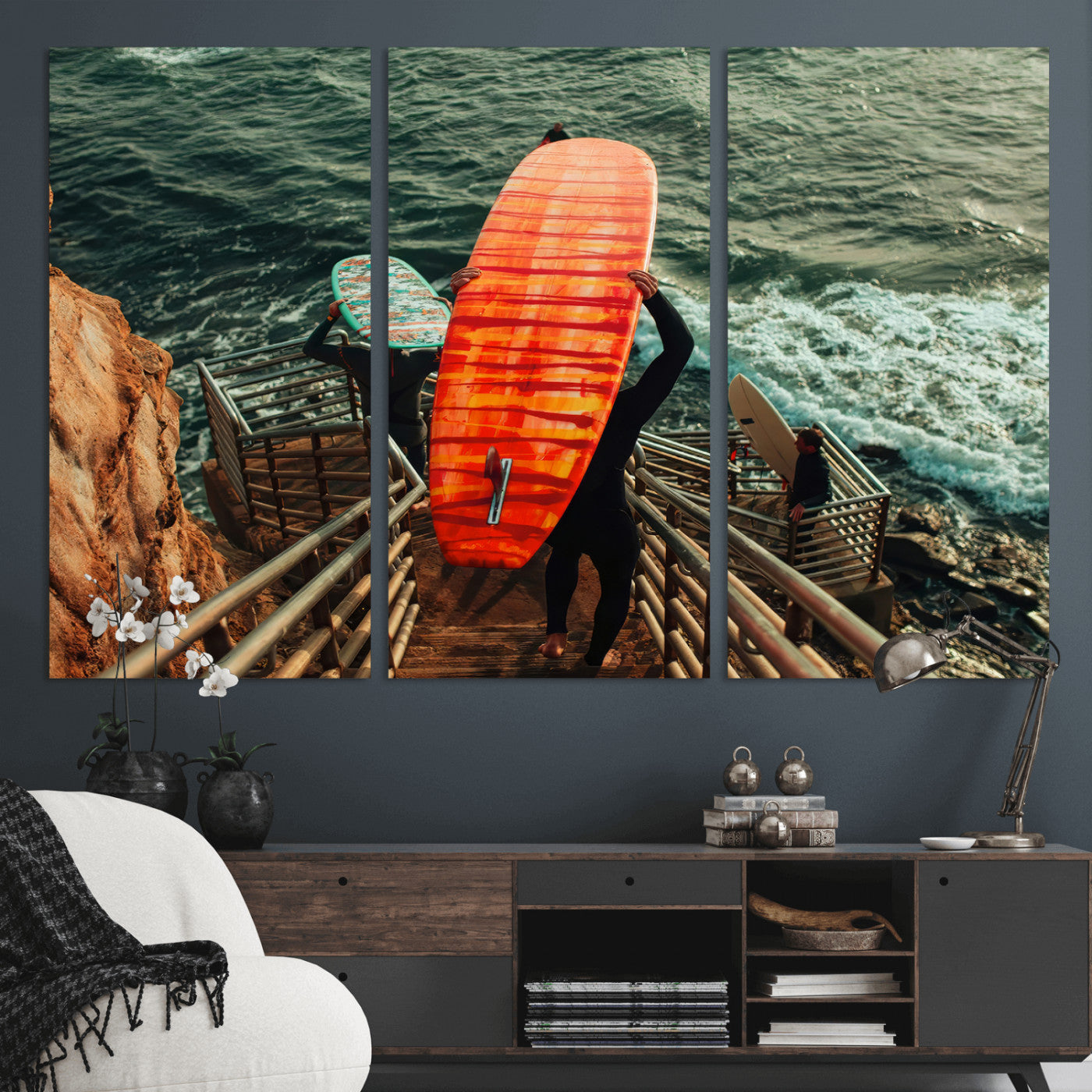 MGV-CV-48X32-3P - Surfer Stairway Wall Art Canvas Print, Framed Ocean Surf Art Picture Print, Sunset Coastal Perfect Coastal Adventure Decor Artwork