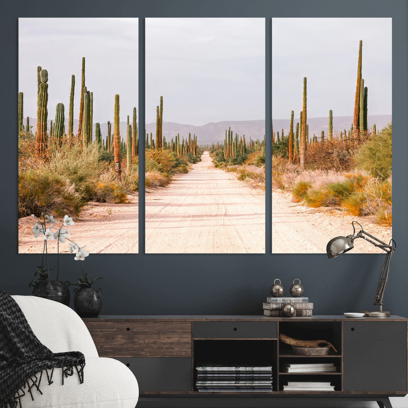 MGV-CV-48X32-3P - Desert Cactus Lined Road Wall Art Canvas Print, Framed Southwestern Landscape Art Picture Print, Bohemian Western Aesthetic Perfect Southwestern Boho Decor Artwork