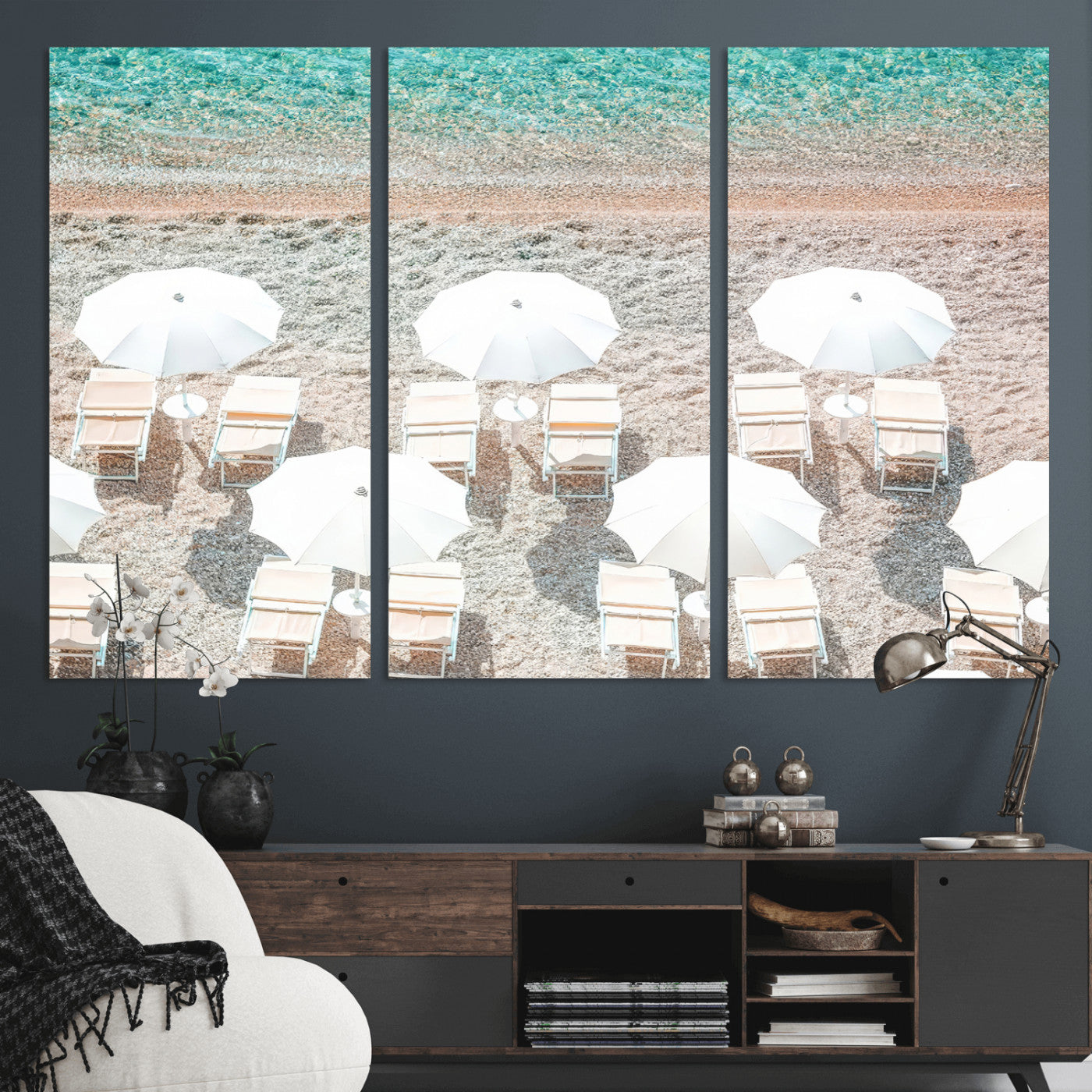 MGV-CV-48X32-3P - Calm Beach Wall Art Canvas Print, Framed Turquoise Water Art Picture Print, Umbrella Shoreline Perfect Coastal Minimalist Decor Artwork
