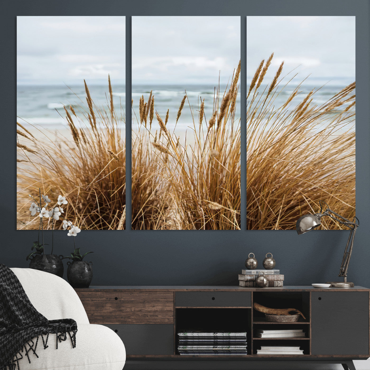 MGV-CV-48X32-3P - Beach Grass Wall Art Canvas Print, Framed Coastal Dunes Art Picture Print, Dune Grass Perfect Coastal Minimalist Decor Artwork