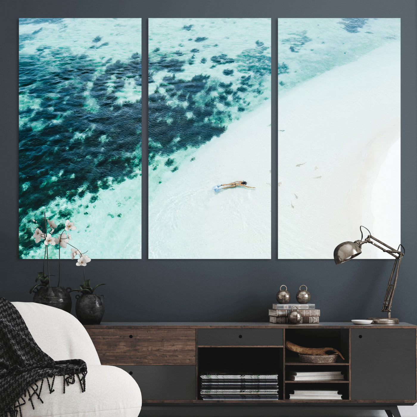 MGV-CV-48X32-3P - Minimal Beach Wall Art Canvas Print, Framed Ocean Swimming Art Picture Print, Clear Ocean Perfect Minimal Coastal Decor Artwork