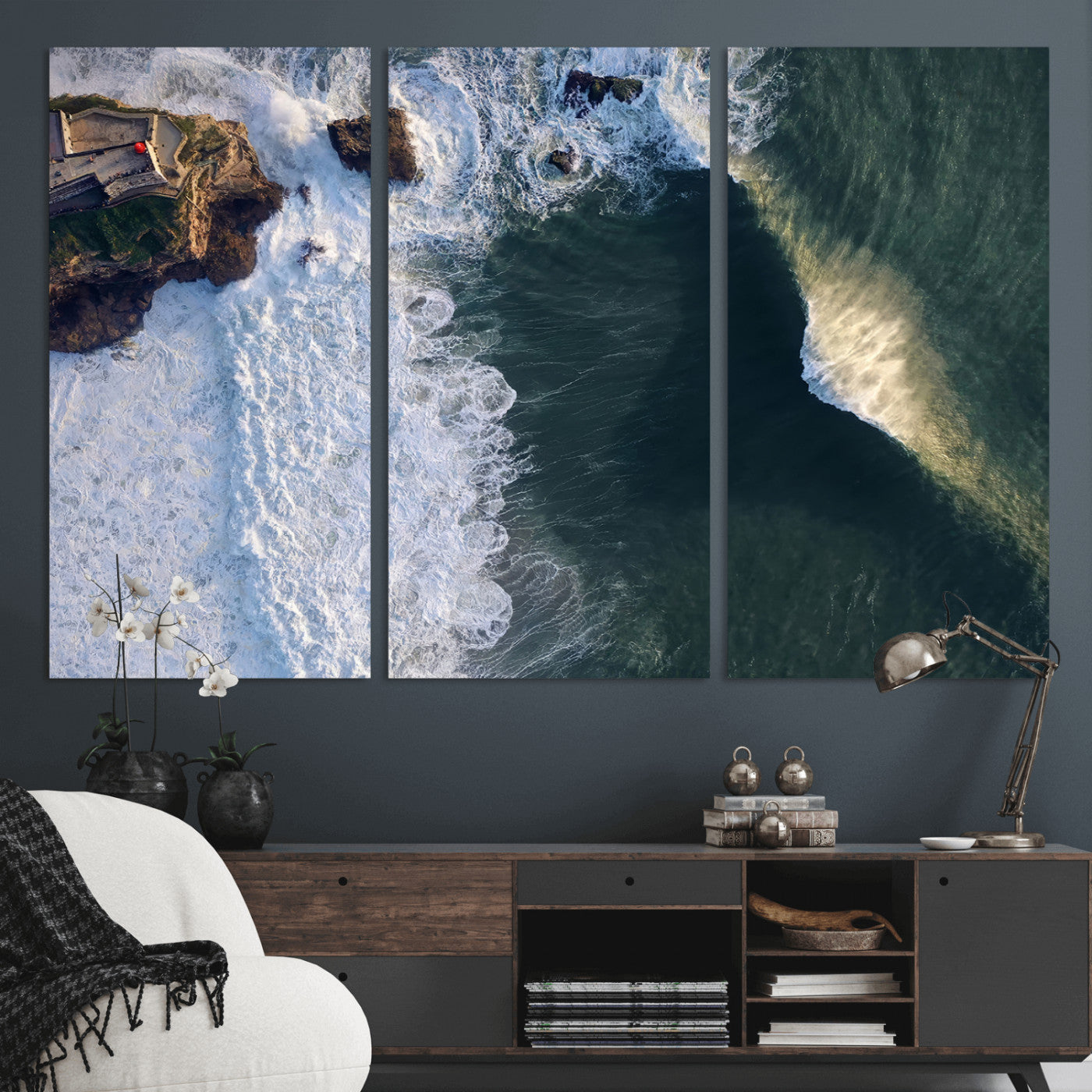 MGV-CV-48X32-3P - Nazaré Coast Wall Art Canvas Print, Framed Aerial Ocean Art Picture Print, Coastal Fortress Perfect Dramatic Coastal Decor Artwork