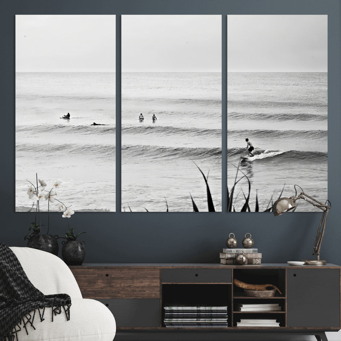 Surfer Silhouette Wall Art | Framed Calm Ocean Canvas