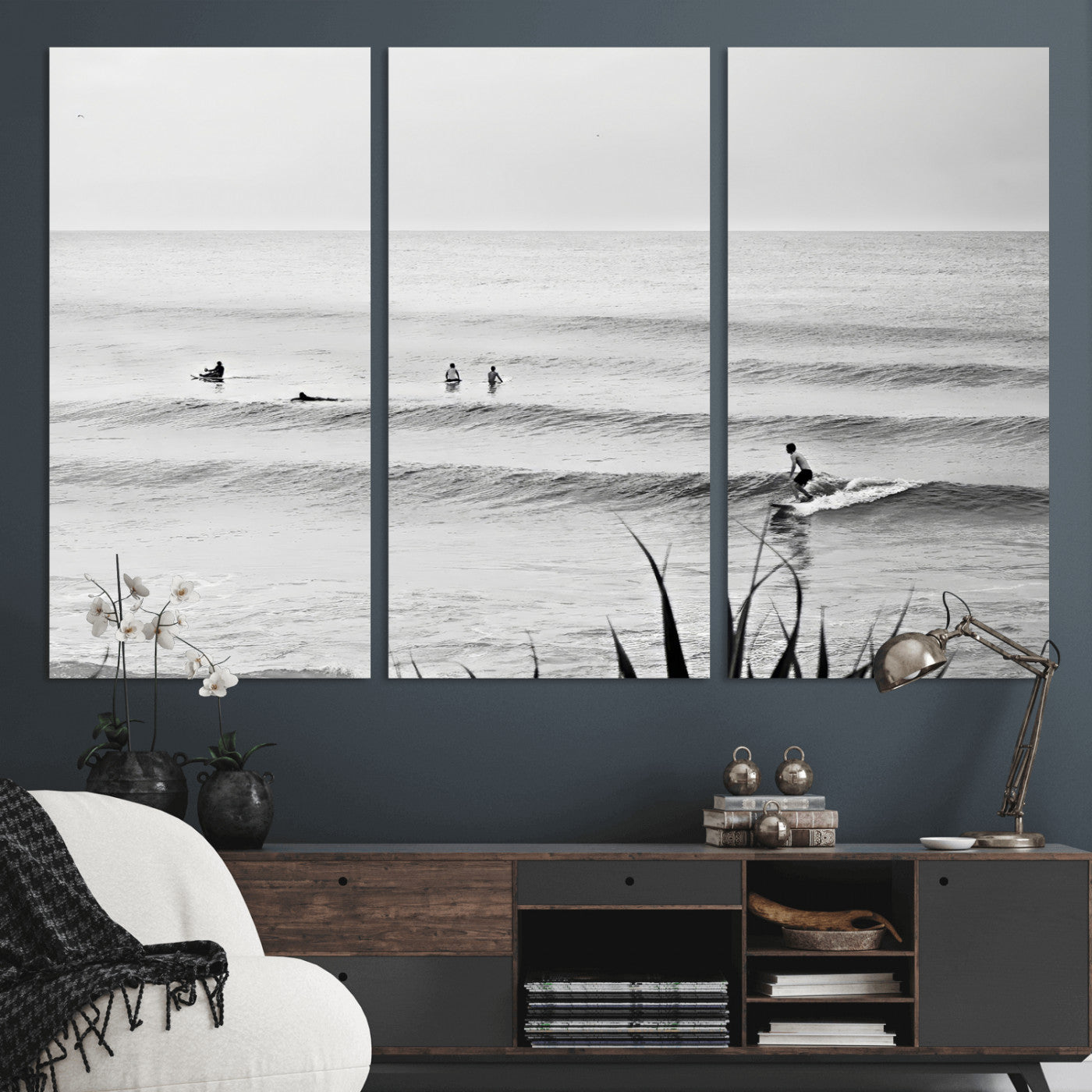 MGV-CV-48X32-3P - Surfer Silhouette Wall Art Canvas Print, Framed Calm Ocean Art Picture Print, Monochrome Surf Perfect Minimalist Coastal Decor Artwork